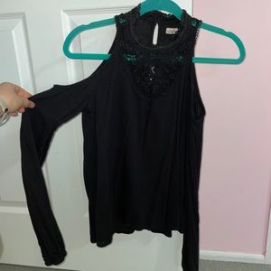 Hollister, off the shoulder long sleeve blouse in black with lace neckline